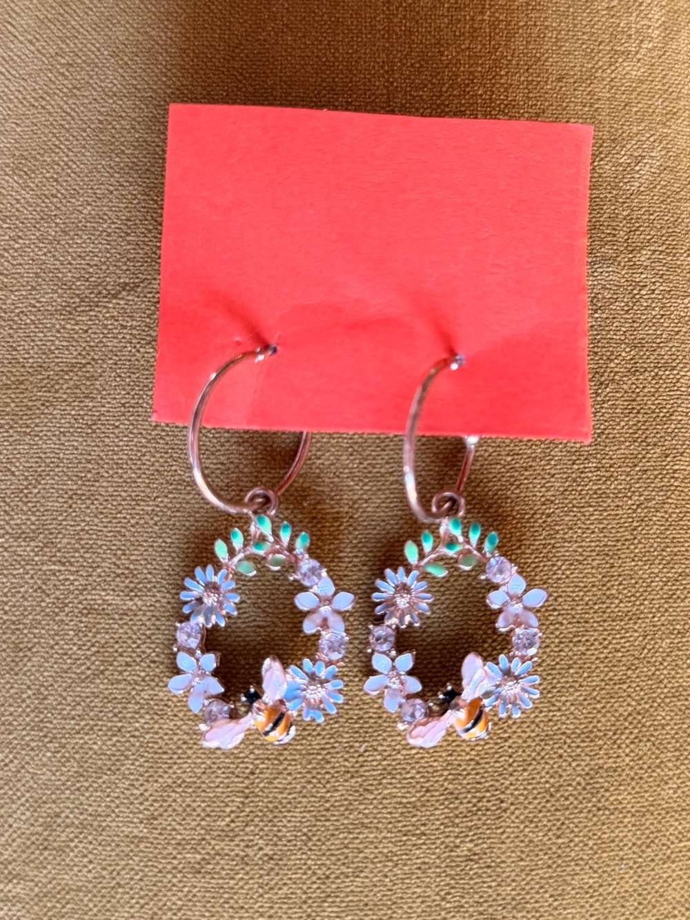 Floral Hoop Drop Earrings with Pink Petals and Mint Leaves